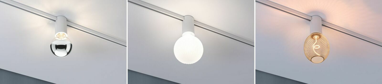 Drei Deckenfassungen mit unterschiedlichen Glühbirnen, von links nach rechts: eine silberne, eine weiße und eine mit Gitterstruktur, aus seitlicher Perspektive betrachtet.