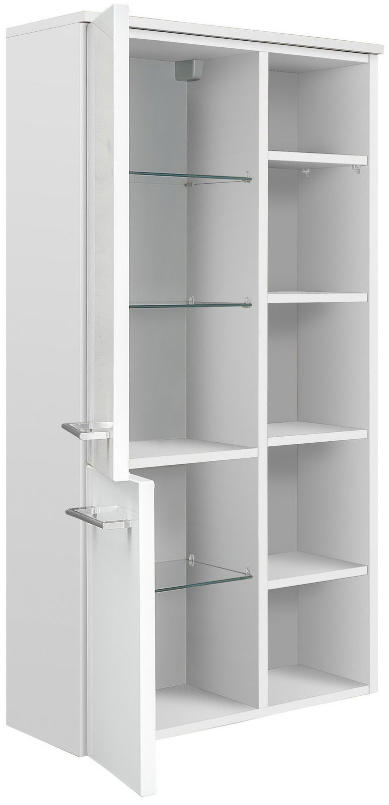 Sadena Midischrank PLAKA Weißer Midischrank mit offenen Türen, Glas- und Holzböden, seitliche Perspektive