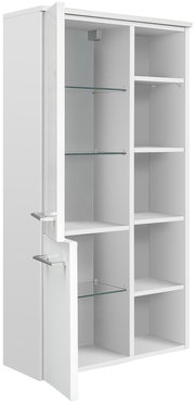 Weißer Midischrank mit offenen Türen, Glas- und Holzböden, seitliche Perspektive