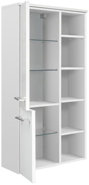 Weißer Midischrank mit offenen Türen, Glas- und Holzböden, seitliche Perspektive