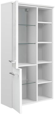 Weißer Midischrank mit offenen Türen, Glas- und Holzböden, seitliche Perspektive