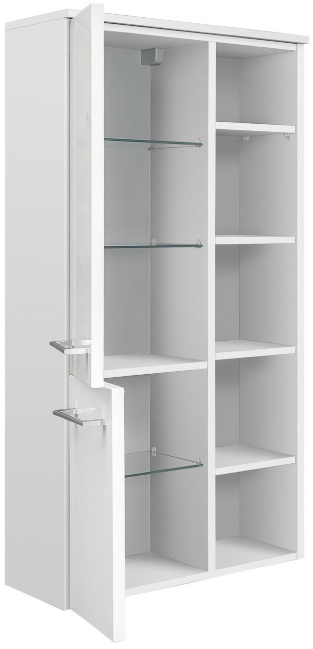 Weißer Midischrank mit offenen Türen, Glas- und Holzböden, seitliche Perspektive