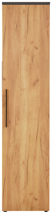 Frontansicht eines schmalen Aktenschranks mit Holzoptik und schwarzem Griff.