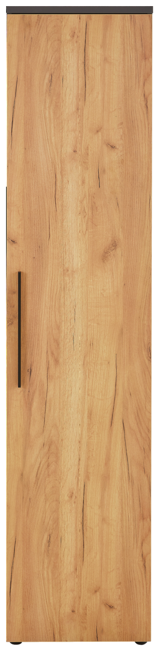 Frontansicht eines schmalen Aktenschranks mit Holzoptik und schwarzem Griff.