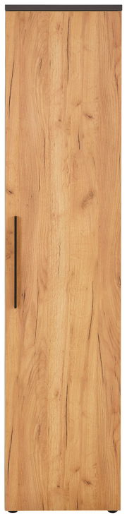 Frontansicht eines schmalen Aktenschranks mit Holzoptik und schwarzem Griff.