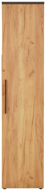 Frontansicht eines schmalen Aktenschranks mit Holzoptik und schwarzem Griff.