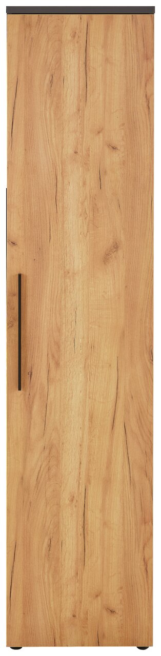 Frontansicht eines schmalen Aktenschranks mit Holzoptik und schwarzem Griff.