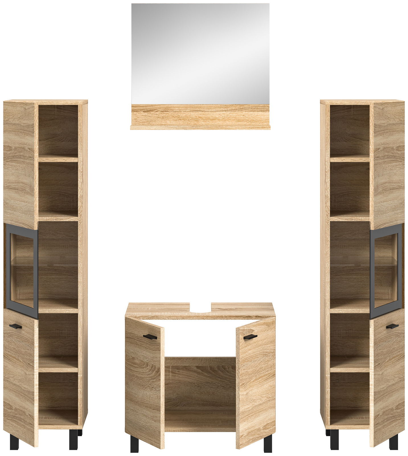 Badkombination aus Holz mit zwei hohen Schränken, einem Waschbeckenunterschrank und einem Spiegel, frontal betrachtet.