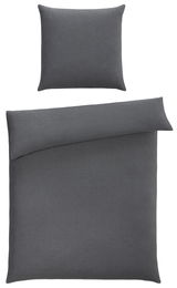 Dunkelgraue Bettwäsche bestehend aus einem Kissenbezug und einem Bettdeckenbezug, von oben betrachtet.