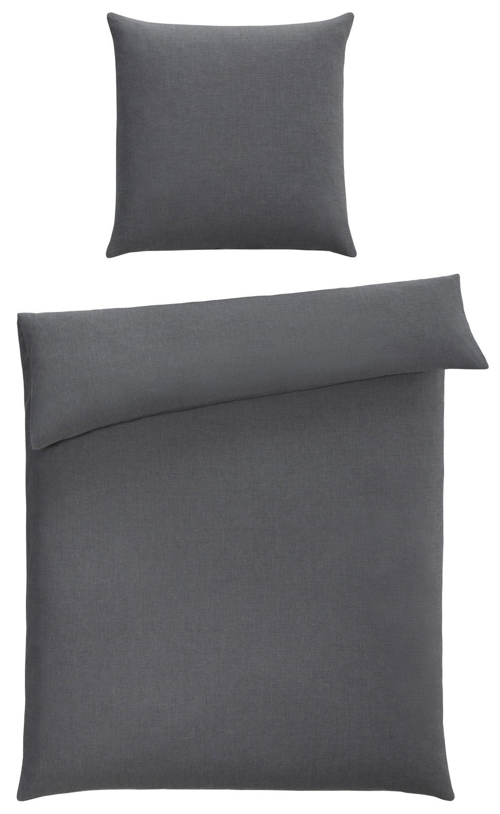 Dunkelgraue Bettwäsche bestehend aus einem Kissenbezug und einem Bettdeckenbezug, von oben betrachtet.