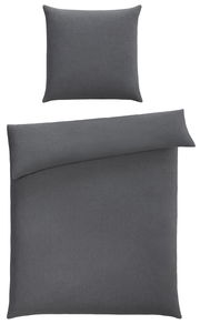 Dunkelgraue Bettwäsche bestehend aus einem Kissenbezug und einem Bettdeckenbezug, von oben betrachtet.