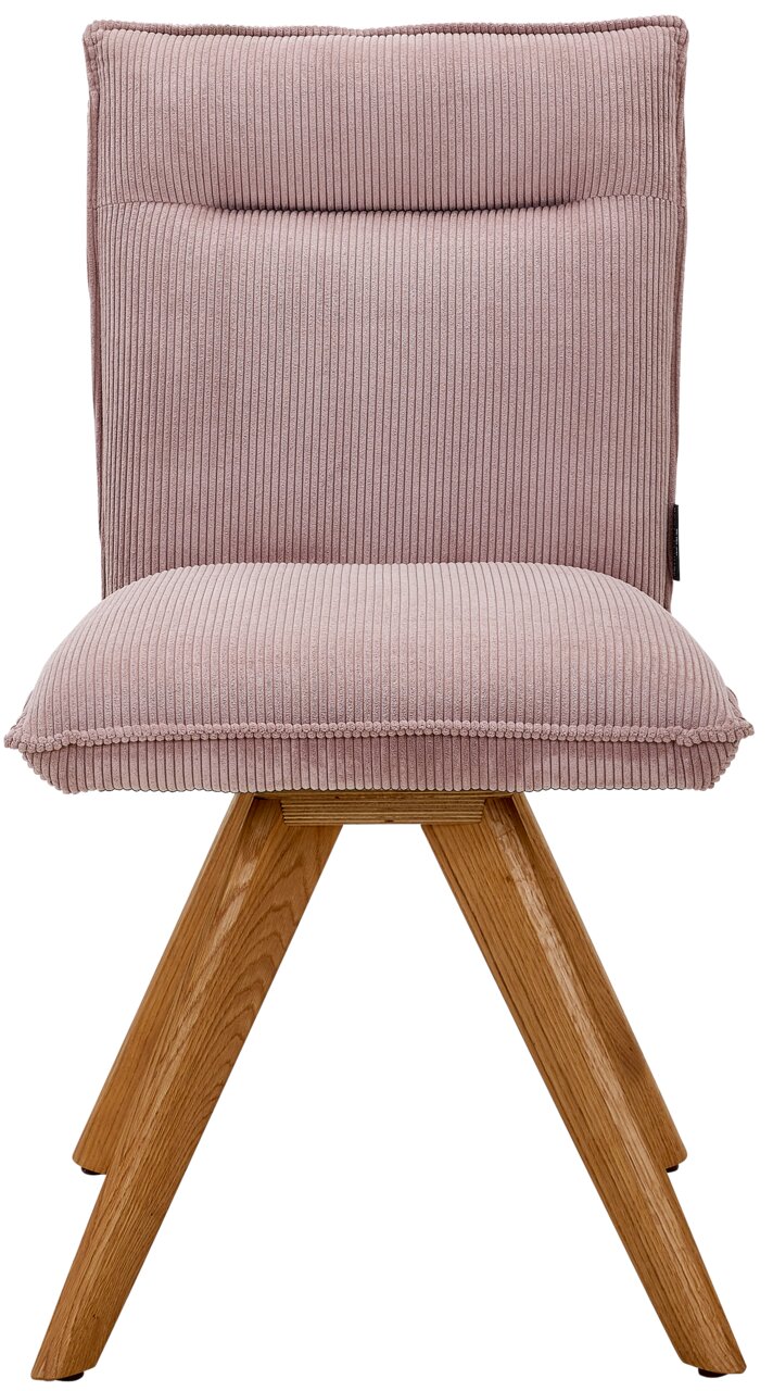 Moderne stoel met roze, geribbelde stoffen bekleding en houten poten, vooraanzicht