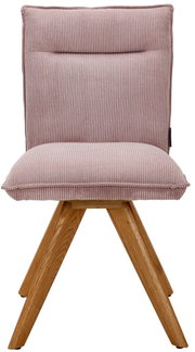 Moderne stoel met roze, geribbelde stoffen bekleding en houten poten, vooraanzicht