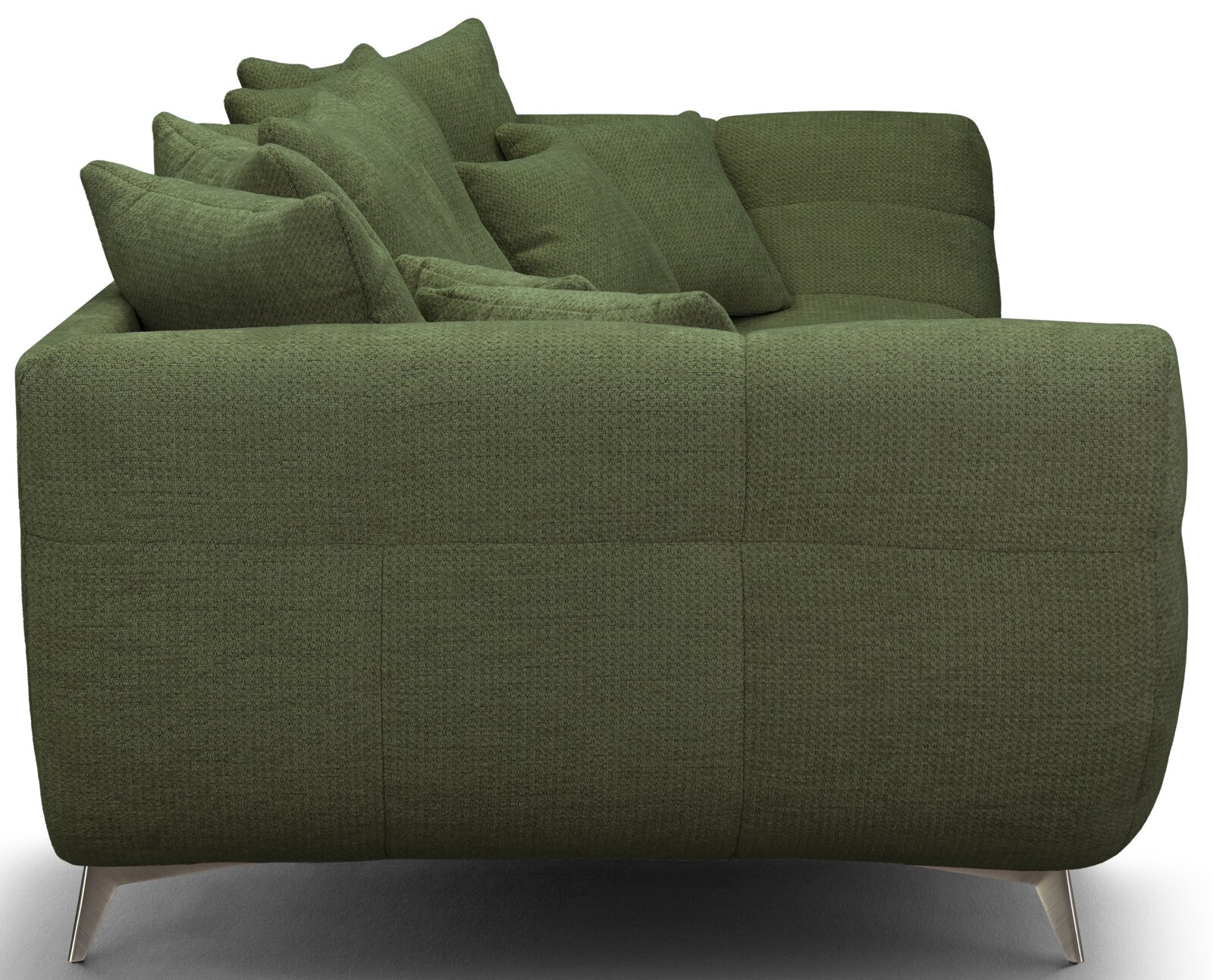 Grünes Polstersofa mit strukturbezogenem Stoff, vielen Rückenkissen und schmalen Metallfüßen, seitliche Ansicht von links