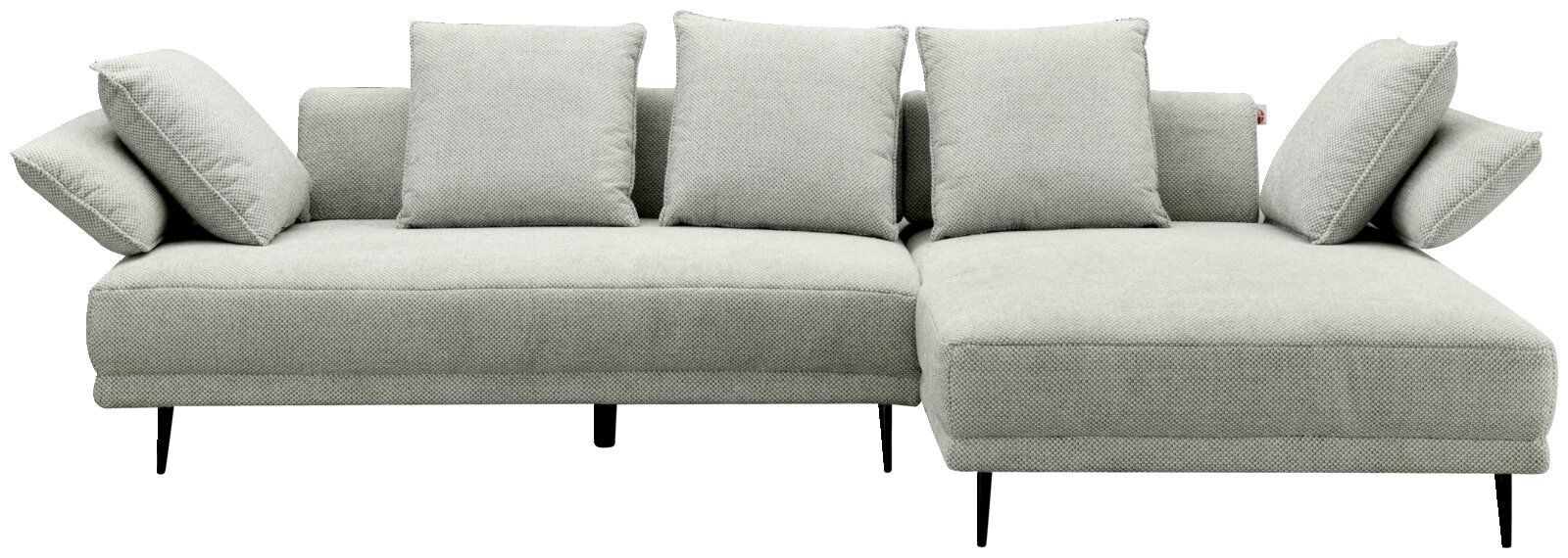 Graues Ecksofa mit fünf Kissen, Perspektive von vorne