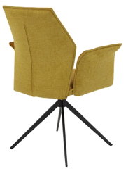 Achterkant van een gele fauteuil met een zwart metalen frame.