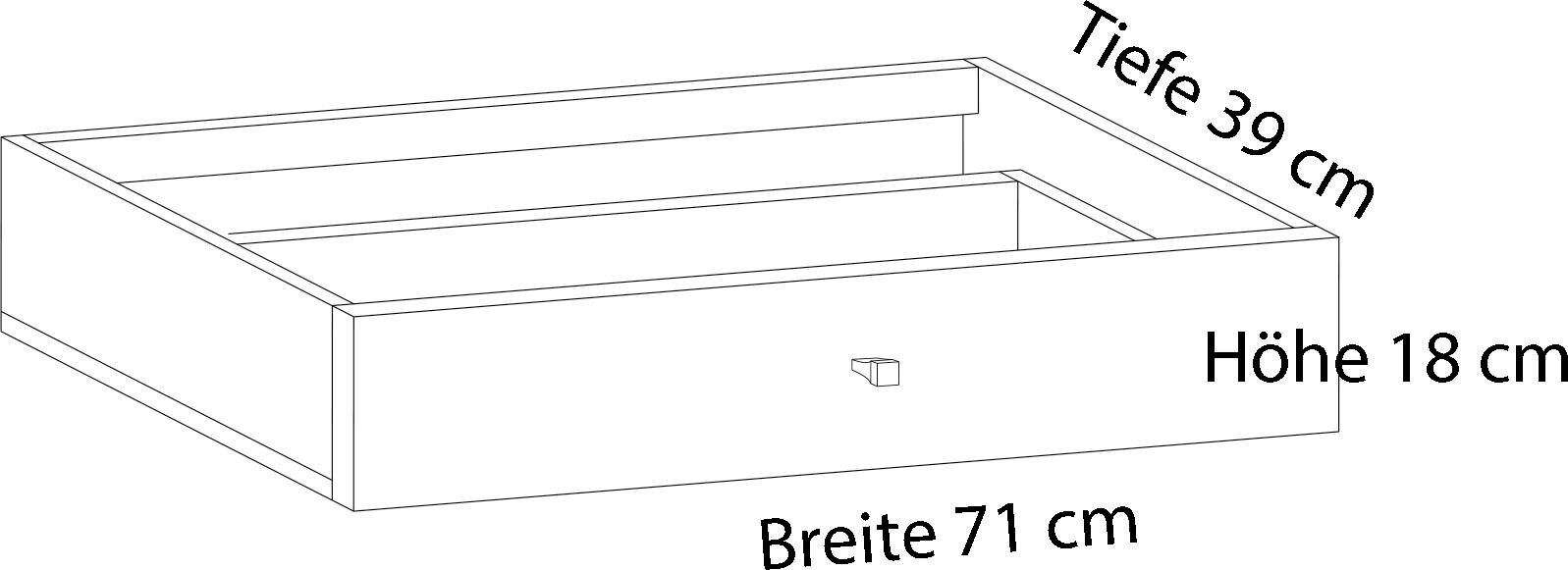 Technische Zeichnung einer flachen Schublade/Auszugbox für Möbel mit Mittelsteg und Frontgriff; Maße: Breite 71 cm, Tiefe 39 cm, Höhe 18 cm; Perspektive: schräg von vorne oben.