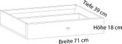 Technische Zeichnung einer flachen Schublade/Auszugbox für Möbel mit Mittelsteg und Frontgriff; Maße: Breite 71 cm, Tiefe 39 cm, Höhe 18 cm; Perspektive: schräg von vorne oben.