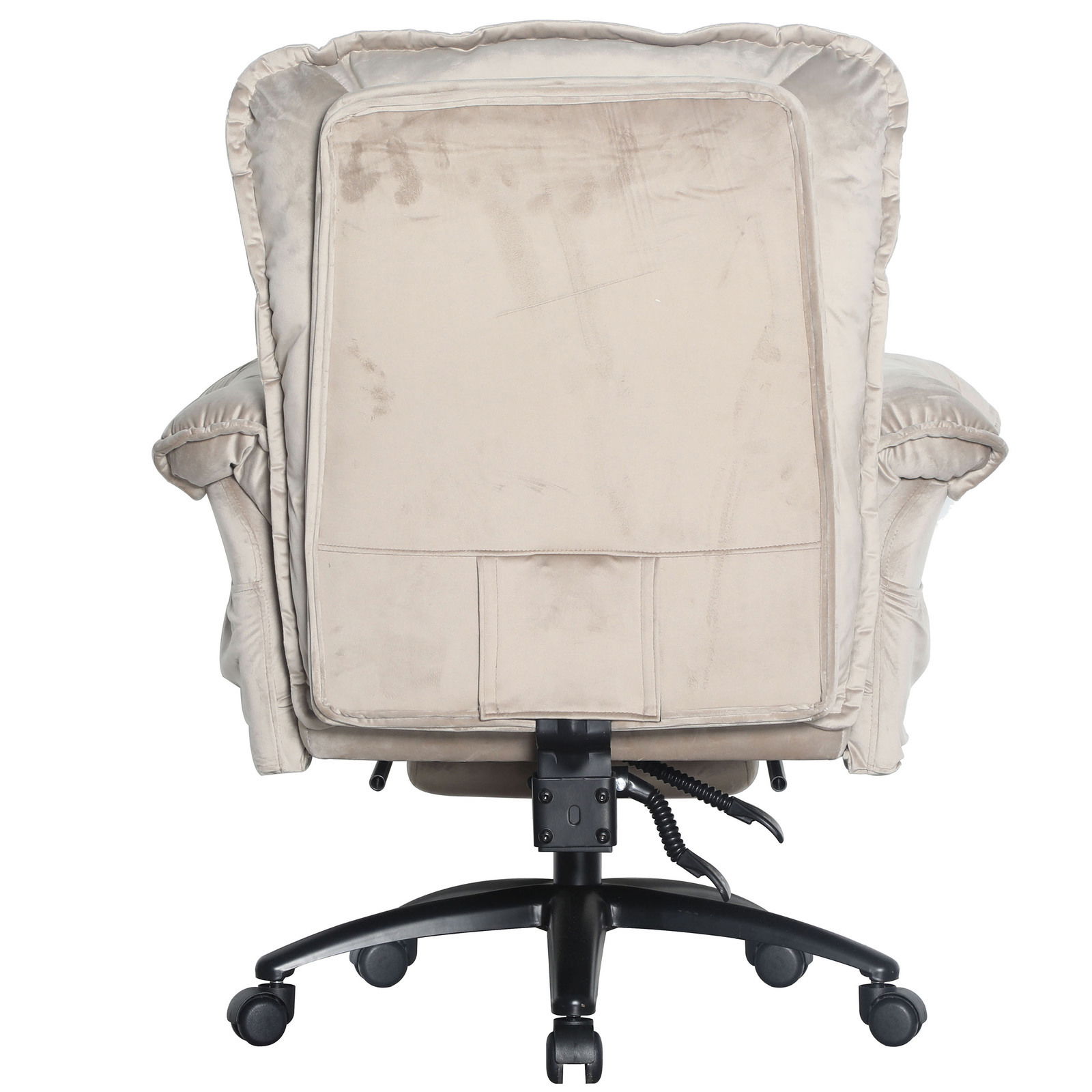 Rückansicht eines beigen Chefsessels mit gepolstertem Rücken und Armlehnen, auf einem schwarzen Drehkreuz mit Rollen.