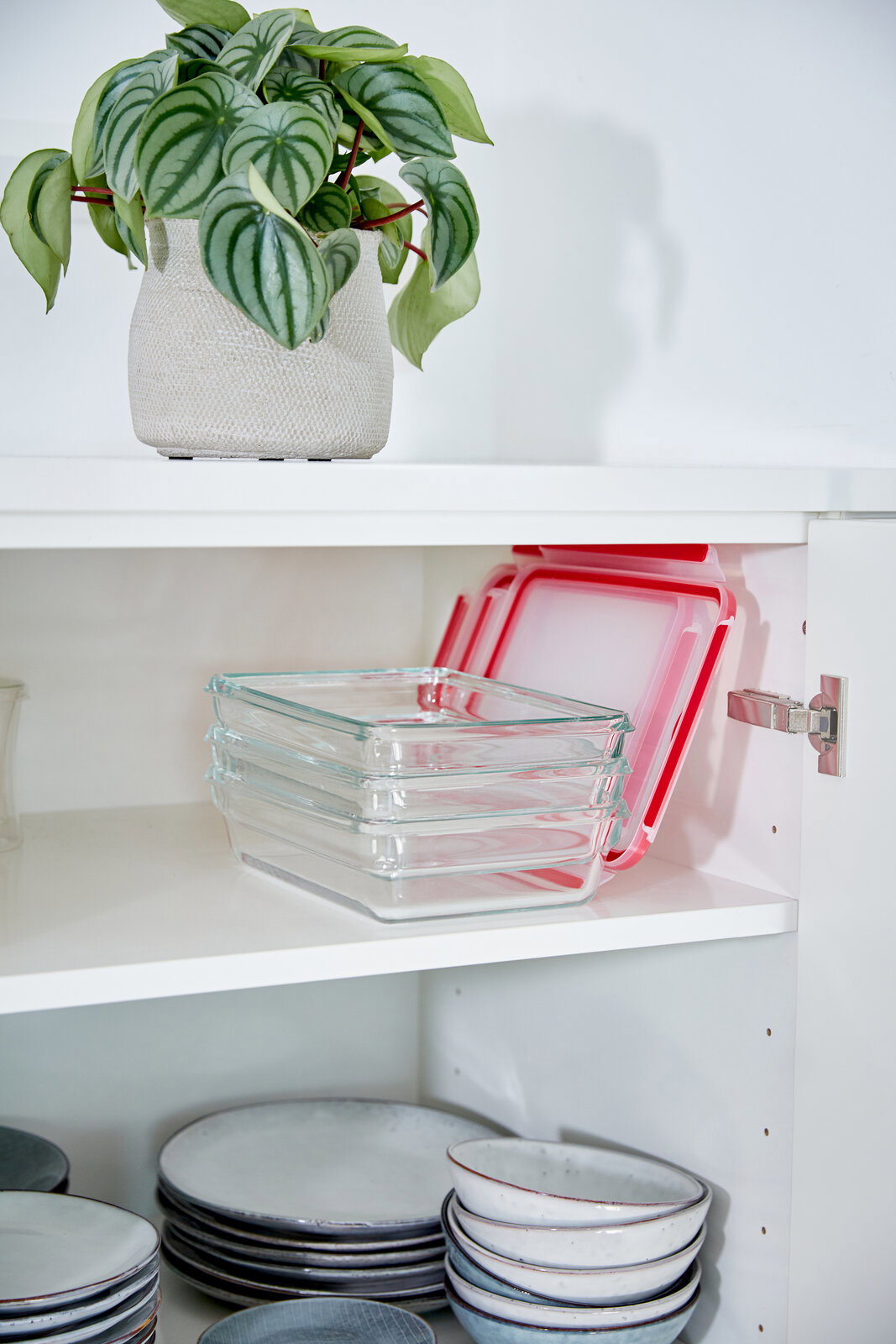 Rechteckige Glasbehälter mit roten Deckeln, gestapelt in einem weißen Küchenschrank, seitliche Perspektive