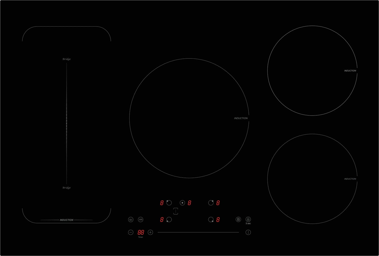 Induktionskochfeld mit vier Kochzonen und digitaler Steuerung, Draufsicht
