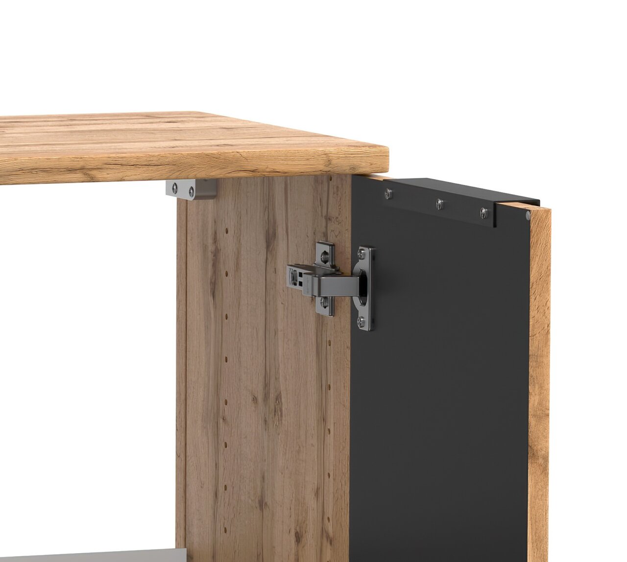 Detailweergave van een wastafelonderkast met houtlook en zwarte deur, scharnier zichtbaar