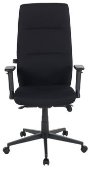 Schwarzer Drehstuhl mit hoher Rückenlehne und verstellbaren Armlehnen, Vorderansicht