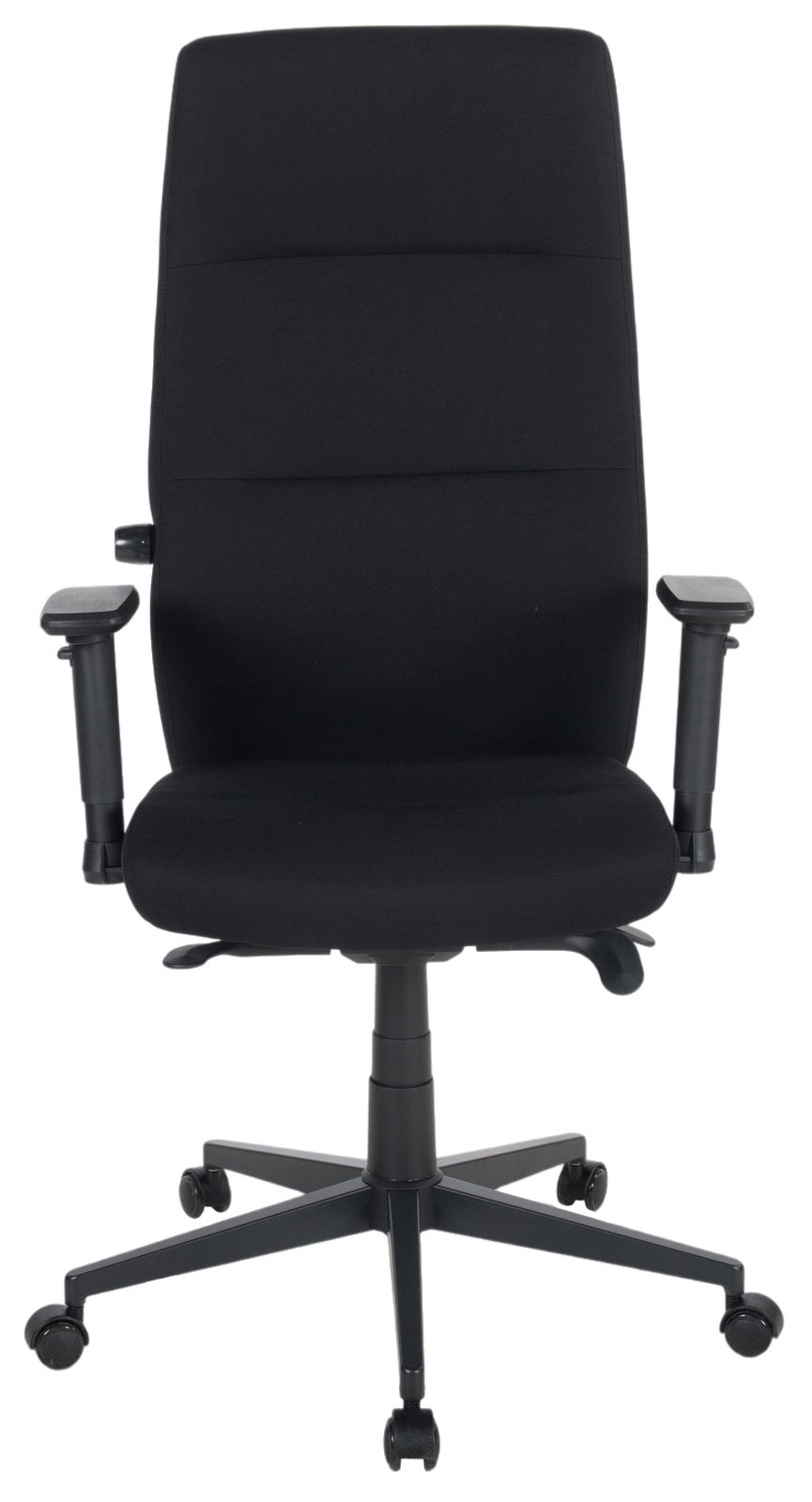 Schwarzer Drehstuhl mit hoher Rückenlehne und verstellbaren Armlehnen, Vorderansicht