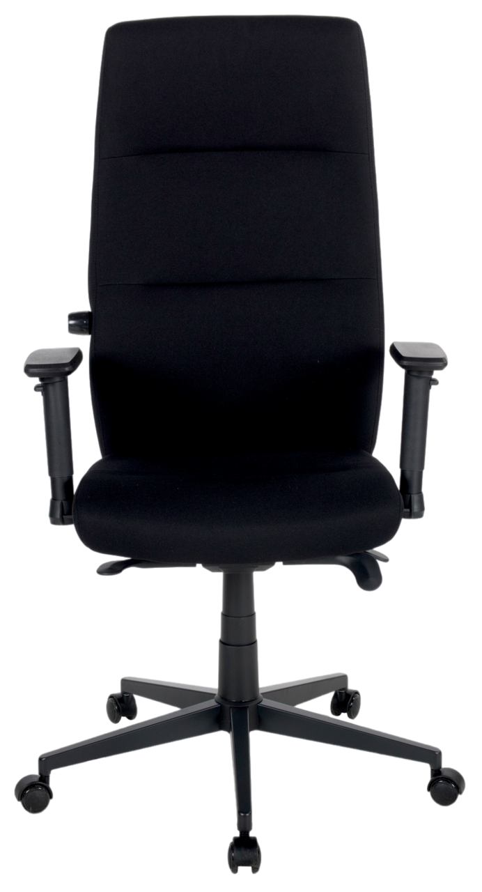 Schwarzer Drehstuhl mit hoher Rückenlehne und verstellbaren Armlehnen, Vorderansicht