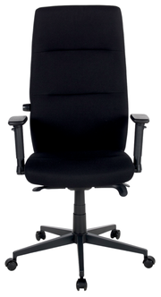 Schwarzer Drehstuhl mit hoher Rückenlehne und verstellbaren Armlehnen, Vorderansicht