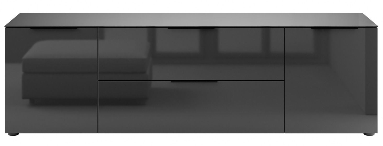 Modernes TV-Lowboard in Hochglanzoptik, frontal betrachtet, mit zwei Türen und einer Schublade.