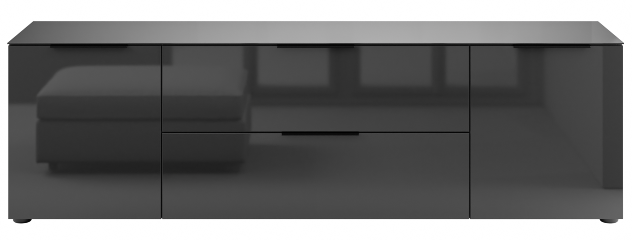 Modernes TV-Lowboard in Hochglanzoptik, frontal betrachtet, mit zwei Türen und einer Schublade.