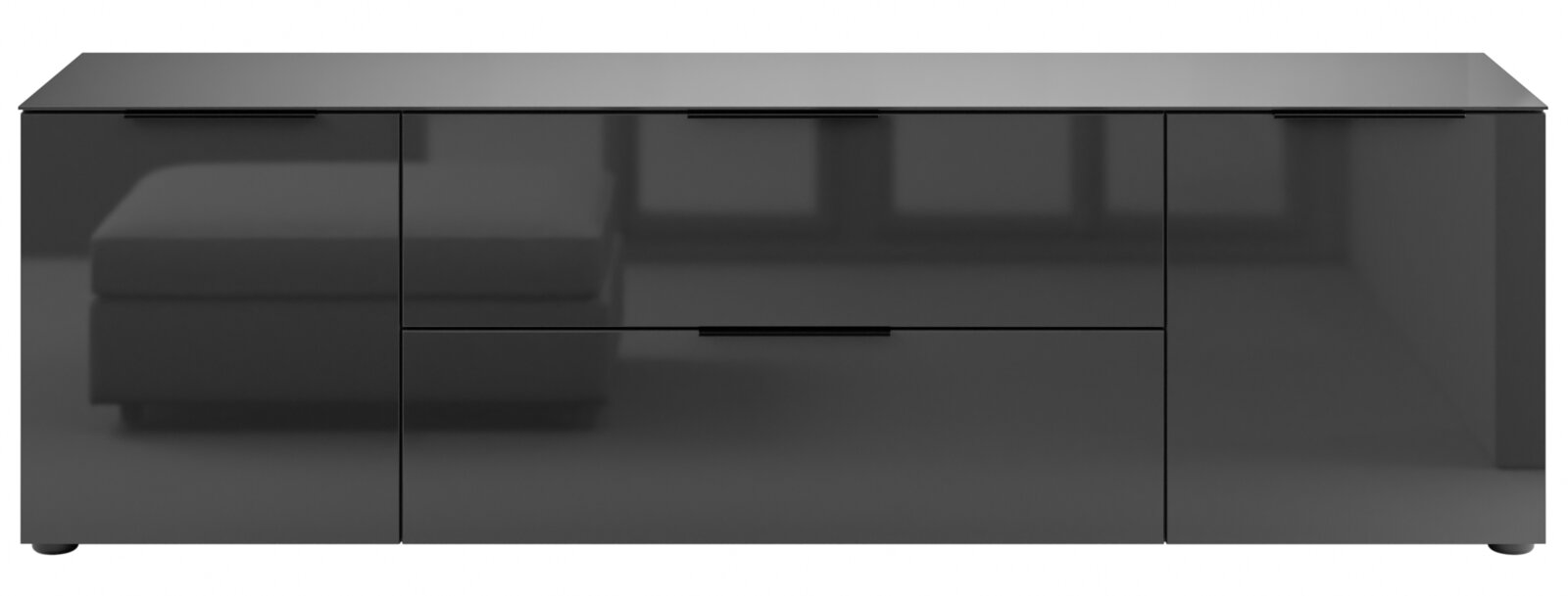 Modernes TV-Lowboard in Hochglanzoptik, frontal betrachtet, mit zwei Türen und einer Schublade.