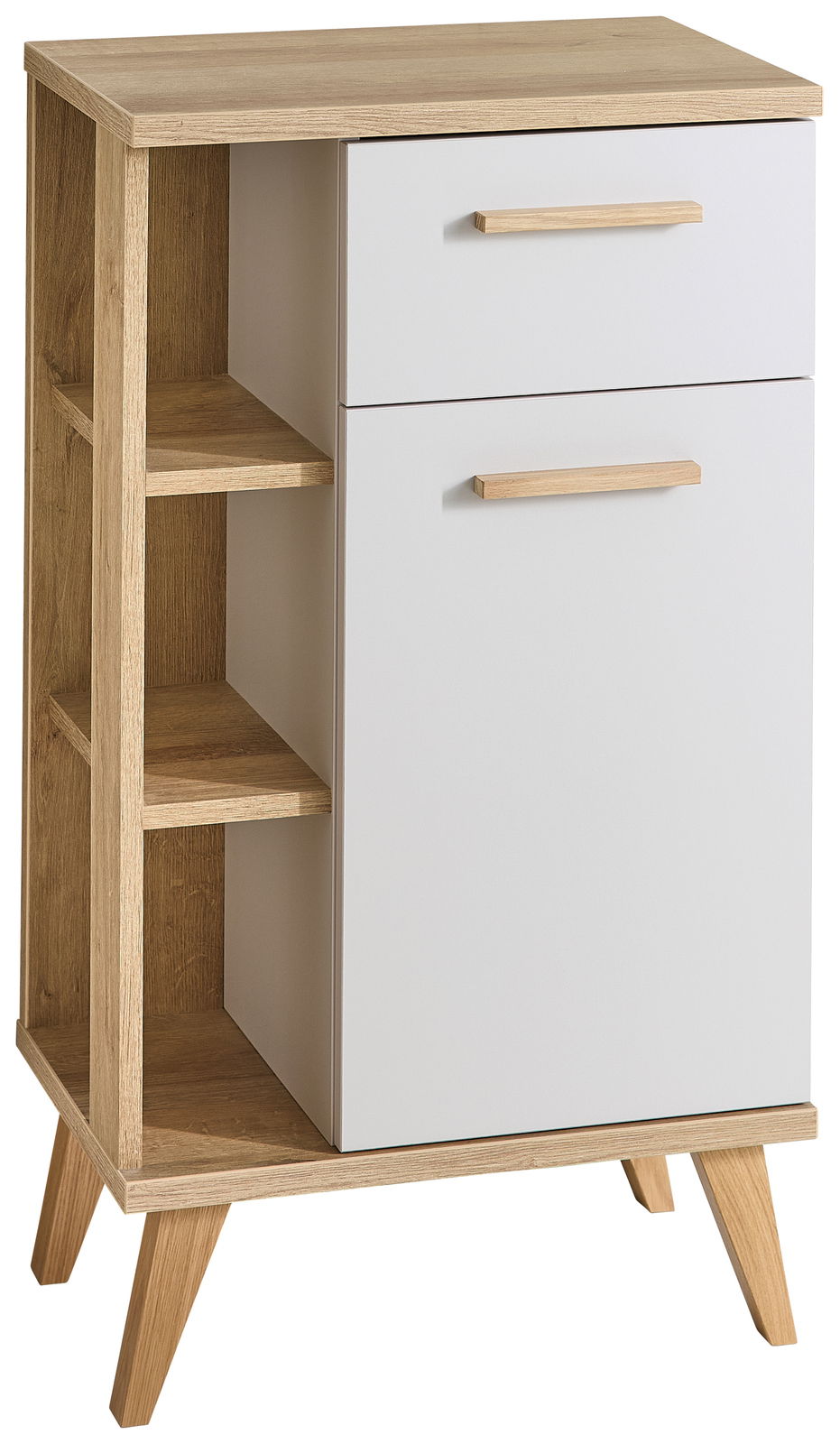 XORA Unterschrank QS966 Moderner Unterschrank mit Holzoptik und weißen Fronten, seitliche Regalfächer, schräg von vorne fotografiert