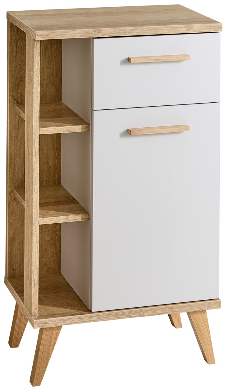 XORA Unterschrank QS966 Moderner Unterschrank mit Holzoptik und weißen Fronten, seitliche Regalfächer, schräg von vorne fotografiert