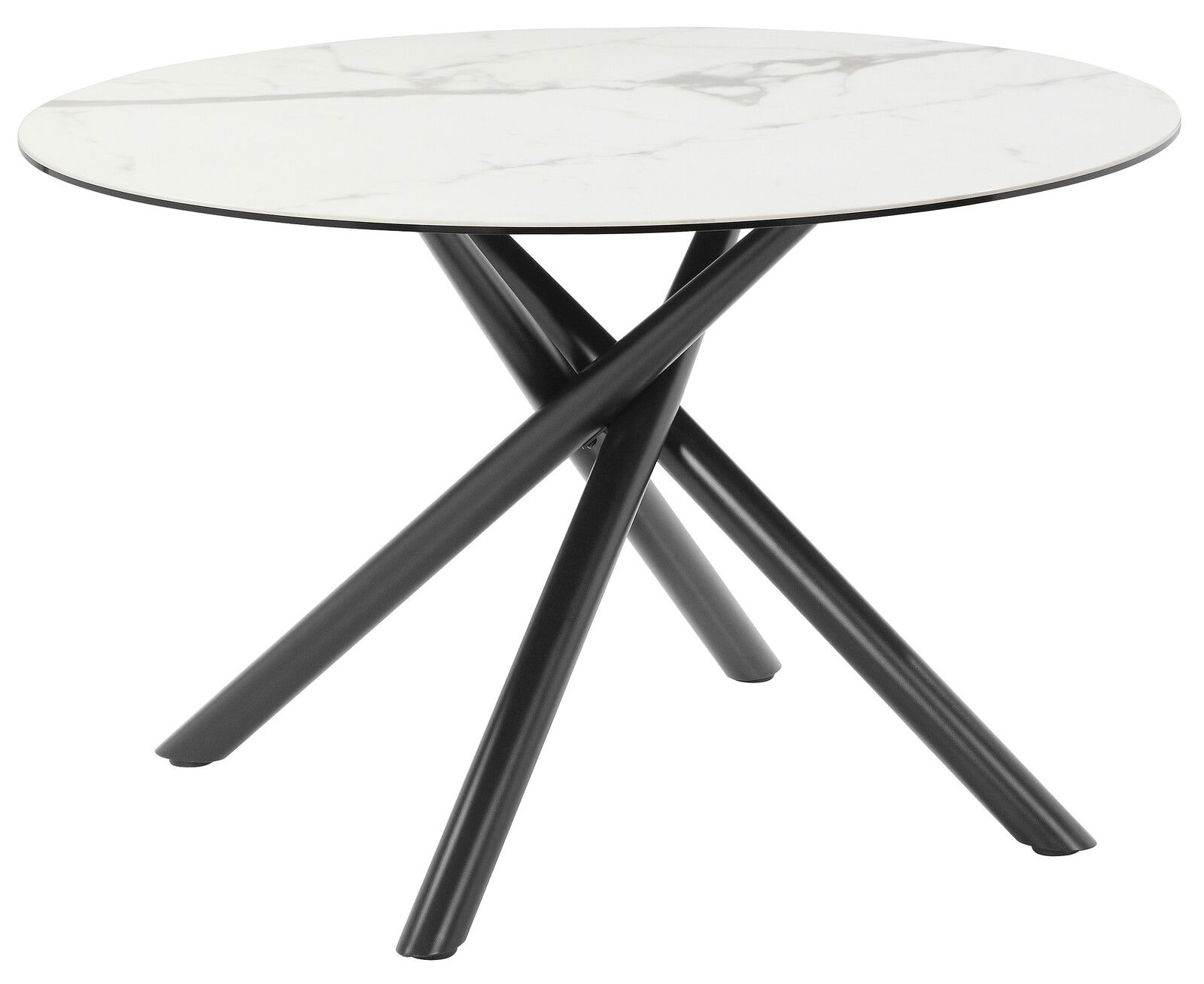 Runder Esstisch mit weißer Marmoroptik-Tischplatte und schwarzen, überkreuzten Metallbeinen, seitliche Perspektive