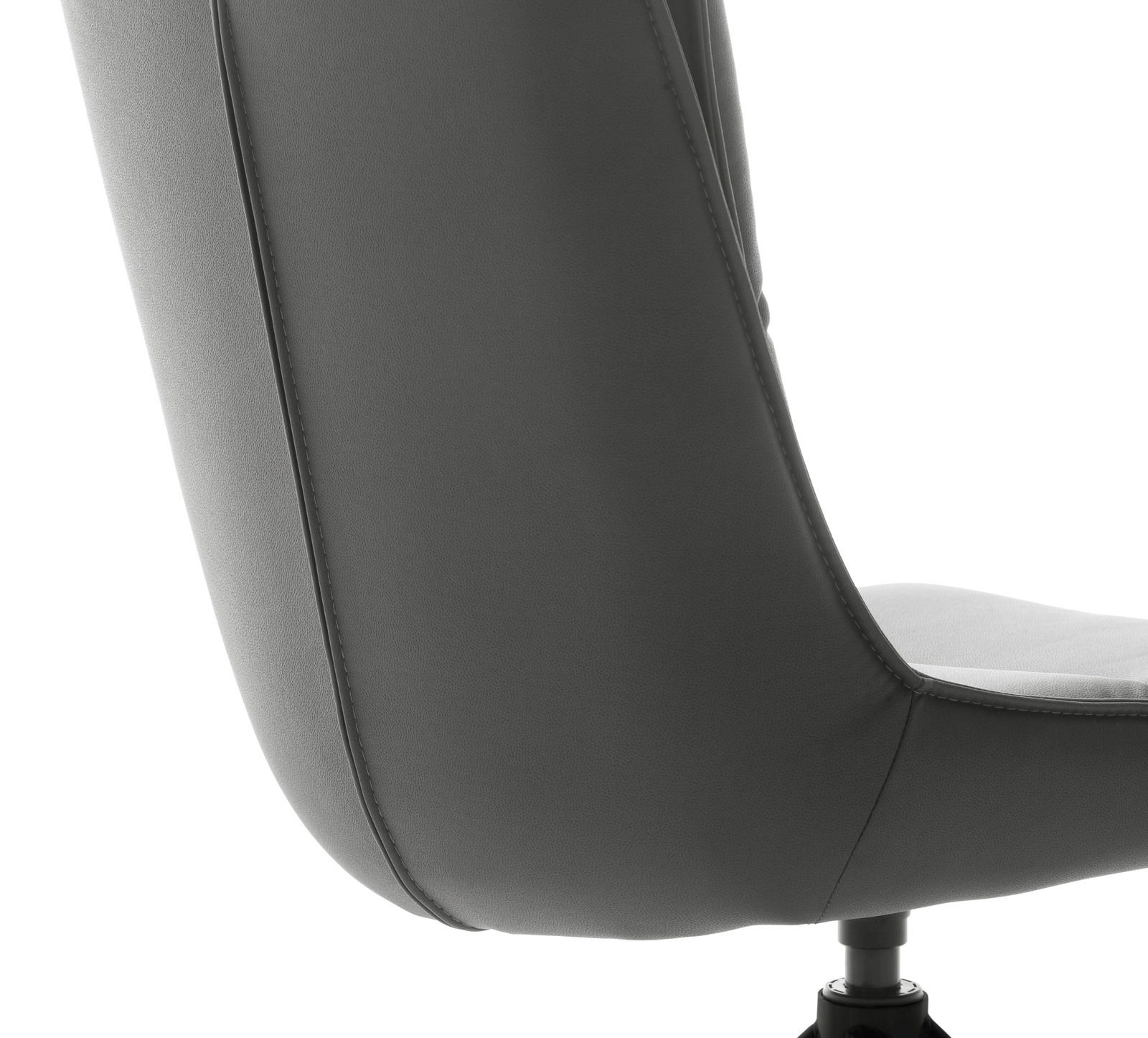 Rückansicht eines grauen Stuhls mit gepolsterter Rückenlehne und Sitzfläche, Detailaufnahme