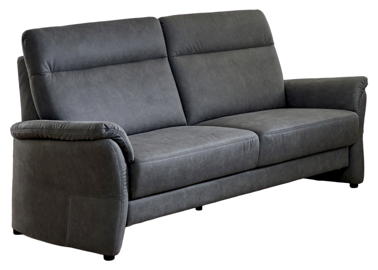 Elegando Sofa 3,5er OSKAR Dunkelgraues 2-Sitzer-Sofa mit gepolsterten Armlehnen und hoher Rückenlehne, freigestellt auf weißem Hintergrund, in schräger Frontansicht von links