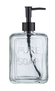 Transparenter Seifenspender mit schwarzem Pumpkopf, frontal abgebildet, mit der Aufschrift 'PURE SOAP'.