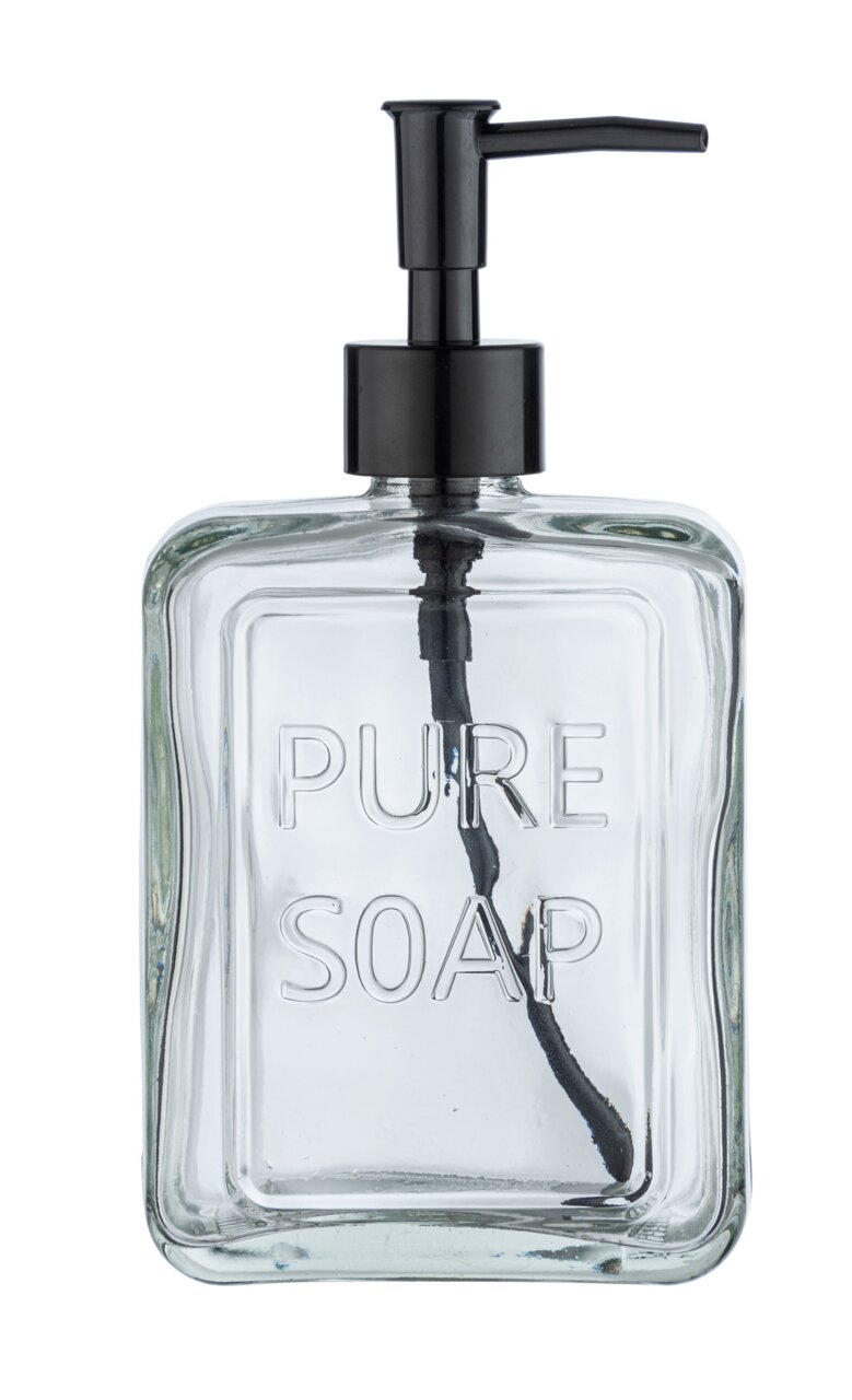 Wenko Seifenspender PURE SOAP Transparenter Seifenspender mit schwarzem Pumpkopf, frontal abgebildet, mit der Aufschrift 'PURE SOAP'.