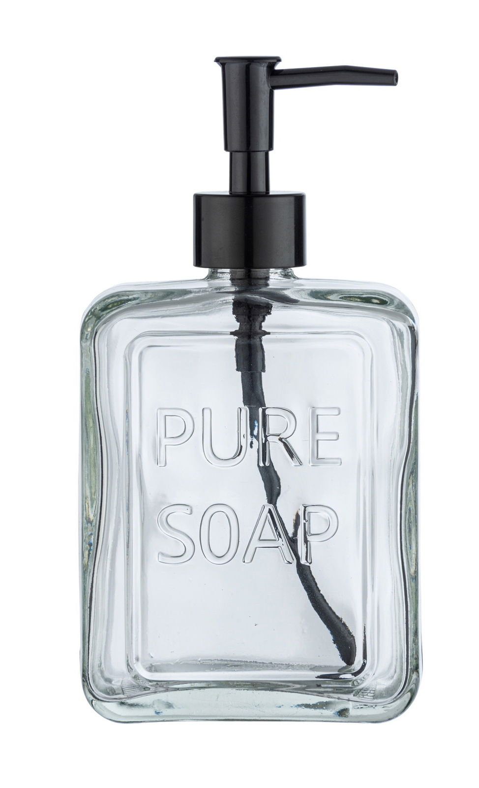 Transparenter Seifenspender mit schwarzem Pumpkopf, frontal abgebildet, mit der Aufschrift 'PURE SOAP'.