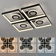 Moderne LED-Deckenleuchte mit vier quadratischen Rahmen und runden Lichtelementen, Perspektive von unten.