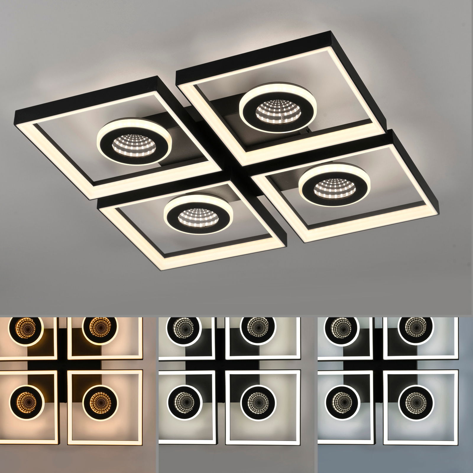 Moderne LED-Deckenleuchte mit vier quadratischen Rahmen und runden Lichtelementen, Perspektive von unten.