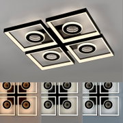 Moderne led-plafondlamp met vier vierkante frames en ronde lichtelementen, gezien van onderaf.