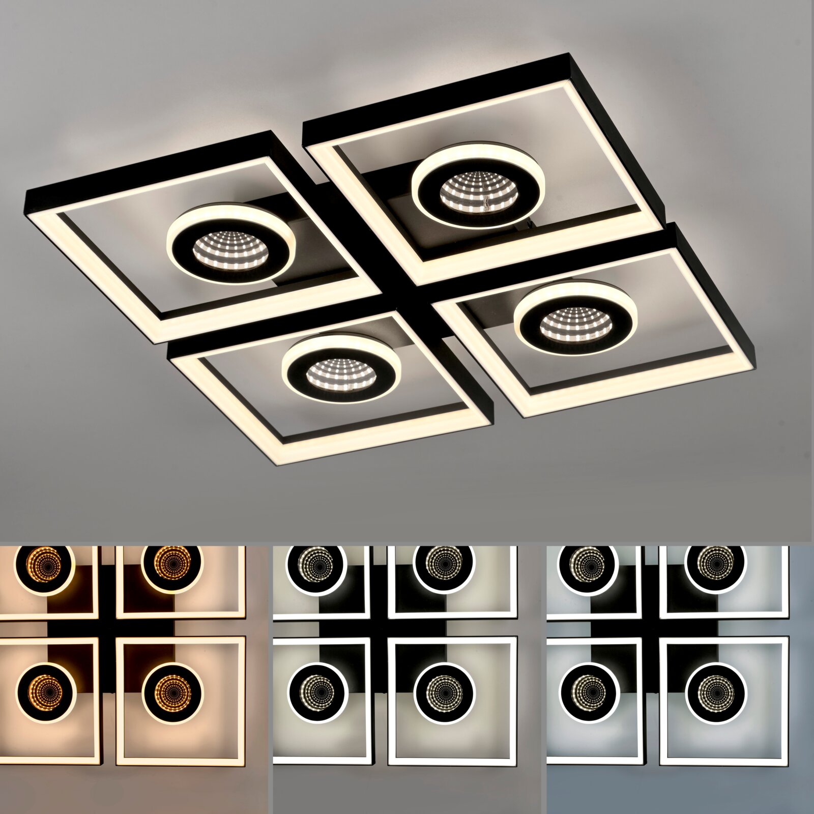 Moderne led-plafondlamp met vier vierkante frames en ronde lichtelementen, gezien van onderaf.