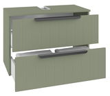 Grüner Waschbeckenunterschrank mit zwei geöffneten Schubladen, Frontansicht