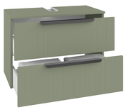 Grüner Waschbeckenunterschrank mit zwei geöffneten Schubladen, Frontansicht