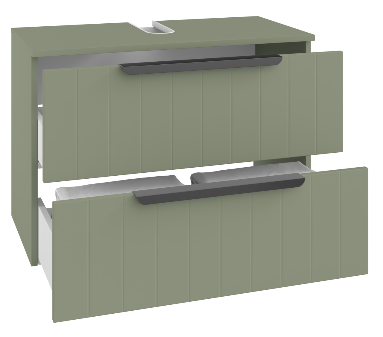 Grüner Waschbeckenunterschrank mit zwei geöffneten Schubladen, Frontansicht