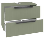 Grüner Waschbeckenunterschrank mit zwei geöffneten Schubladen, Frontansicht