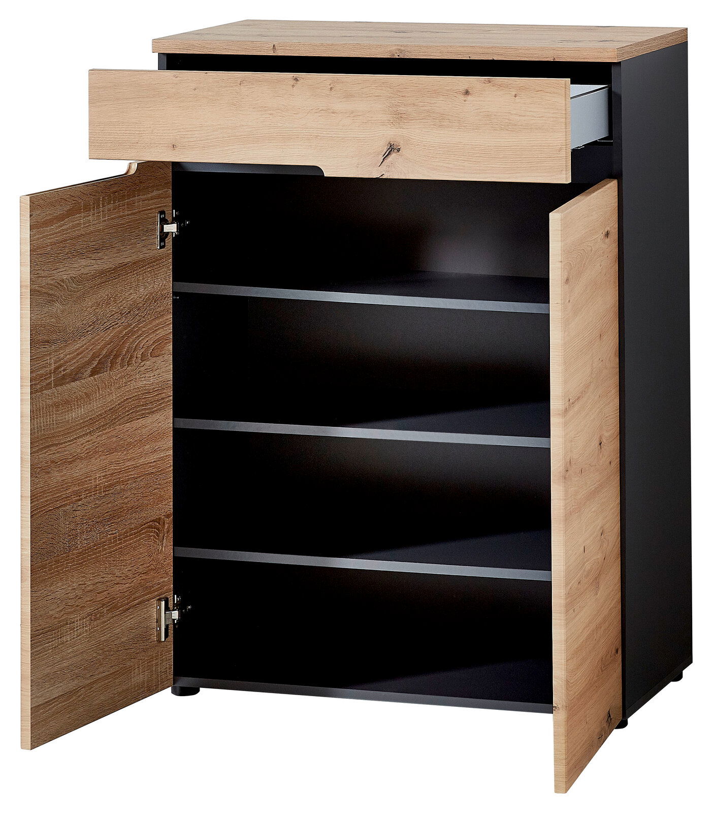 Garderobenschrank mit Holzoptik, geöffnete Türen und Schublade, Frontalansicht